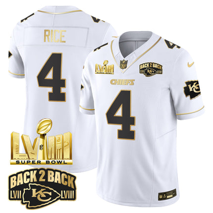 Men's Chiefs Super Bowl LVIII & Back 2 Back Gold Patch Vapor Jersey V2 - All Stitched
