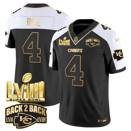 Men's Chiefs Super Bowl LVIII & Back 2 Back Gold Patch Vapor Jersey V2 - All Stitched