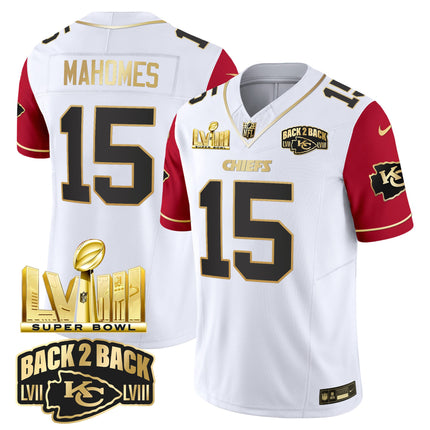 Men's Chiefs Super Bowl LVIII & Back 2 Back Gold Patch Vapor Jersey V2 - All Stitched