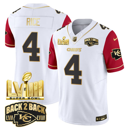 Men's Chiefs Super Bowl LVIII & Back 2 Back Gold Patch Vapor Jersey V2 - All Stitched