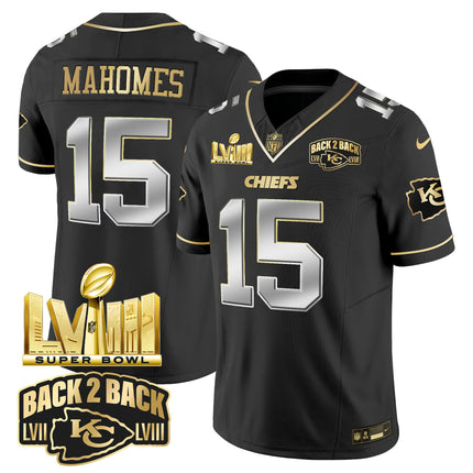 Men's Chiefs Super Bowl LVIII & Back 2 Back Gold Patch Vapor Jersey V2 - All Stitched
