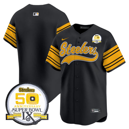 Men's Steelers 50th Anniversary Of Super Bowl IX Patch Vapor Premier Baseball Jersey - All Stitched