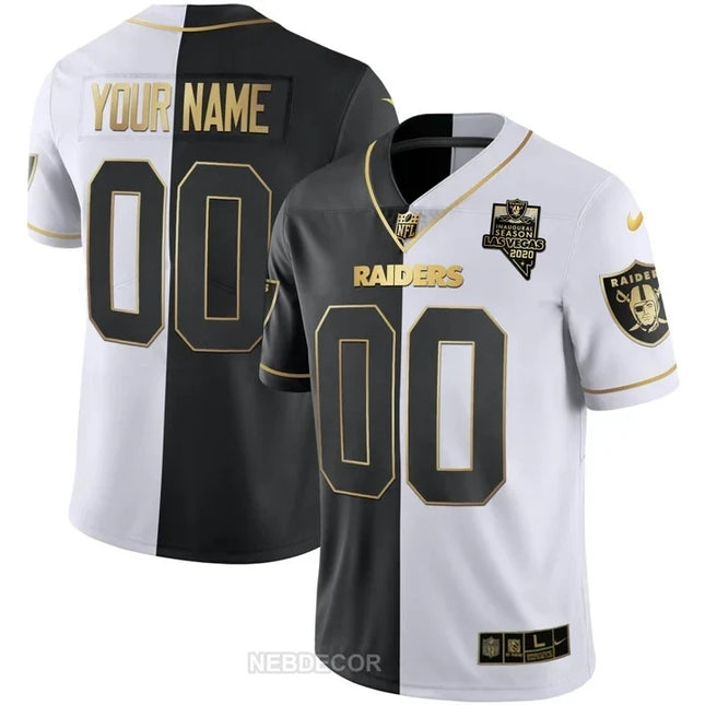 LAS VEGAS RAIDERS INAUGURAL SEASON PATCH GOLD & SPLIT CUSTOM NAME AND NUMBER JERSEY - ALL STITCHED